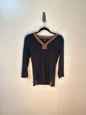 Lauren Ralph Lauren Black 3/4 Sleeve Ribbed Knit Tunic Top with Faux Suede Trim